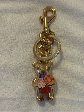 Coach Gold Teddy Bear Key & Card Holder with Multicolor Enamel Flowers